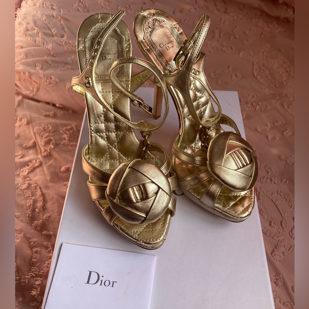 Dior Gold Heel Sandals with Chain and Flower! NEVER WORN NWT come with box!